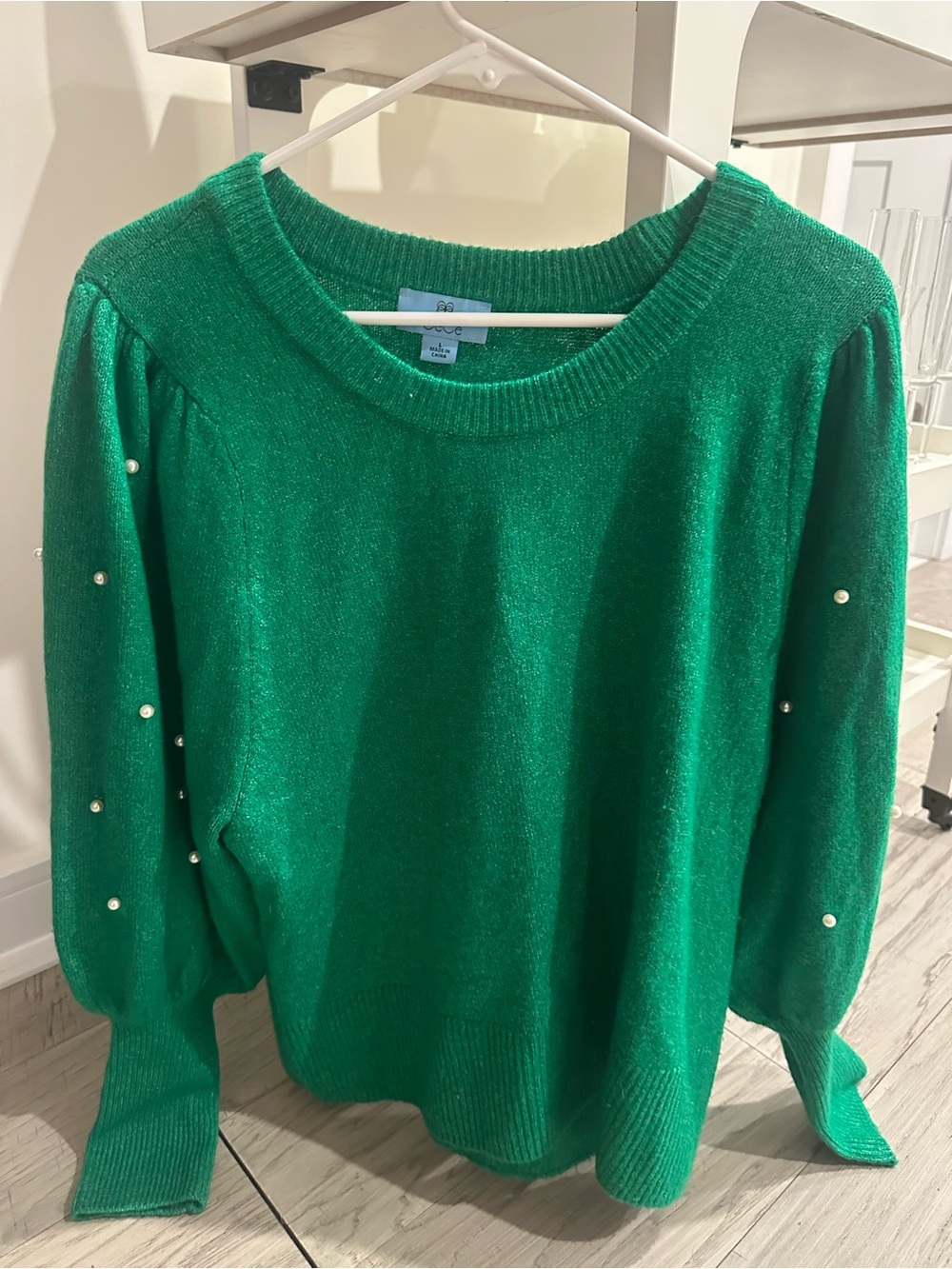 CeCe Emerald Green Pearl-Embellished Crewneck Sweater - Large - Picture 4 of 7